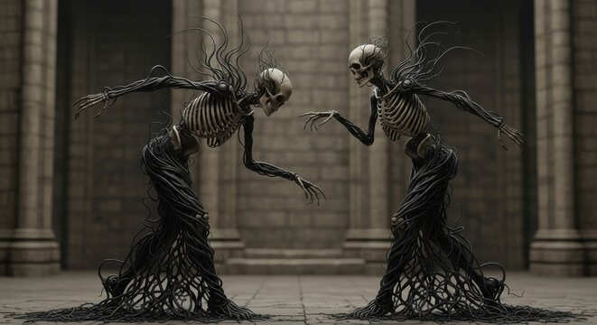 Two skeletal figures with dark, flowing attire and thorny branches entwined, standing in a dimly lit ancient stone hall - Powered by Adobe