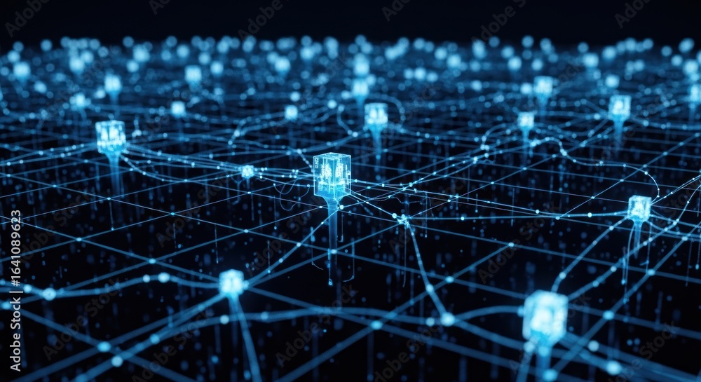 Poster futuristic network illustration highlighting interconnectedness and data flow concept