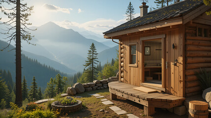 A cozy cabin in the mountains where a naturopath prescribes sauna sessions to aid in reducing inflammation and promoting relaxation for their clients..