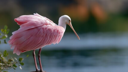 Pink roseate spoonbill perched by serene lake with blurred green background