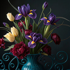 Obraz premium Photo of an elegant bouquet of deep purple irises, rich burgundy roses, and soft yellow tulips, beautifully arranged in an ornate teal vase against a dark, moody background