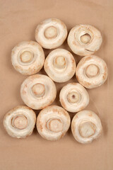 A group of fresh white button mushrooms lie with their caps facing down on a simple brown background, ready for preparation