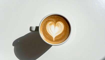 Latte Art Heart Design in a White Coffee Cup Top View on Clean Table Background