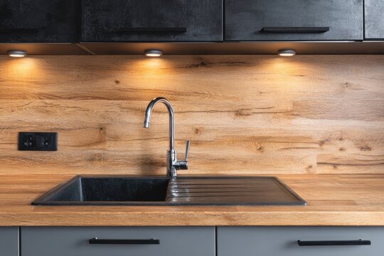 Modern kitchen countertop with sink and faucet. Wood paneling and gray cabinetry - Powered by Adobe