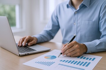Business Professional Analyzing Financial Data and Charts on a Laptop in Bright Workspace Environment
