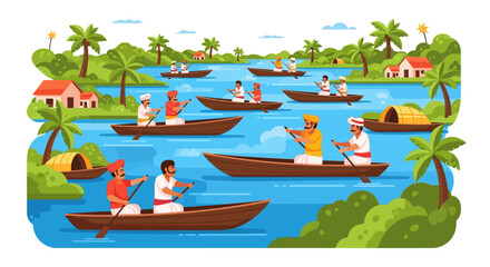 Men Rowing Traditional Boats Through Lush Tropical Waterways