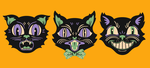 Halloween Cat portraits. Different faces, emotions. Retro, vintage, traditional tattoo style. Hand drawn trendy Vector illustration. Isolated design elements. Print, sticker, logo, avatar template