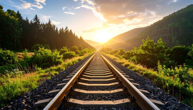 Sunlit railway track through forest
