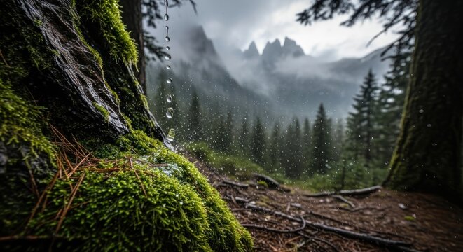 Rainfall on mossy tree trunk in mountain forest with coniferous trees and cloudy sky
