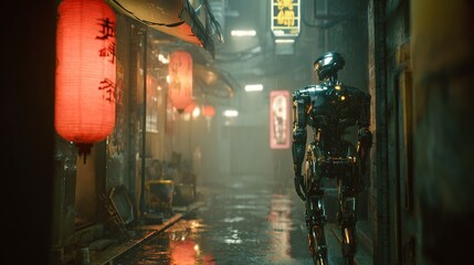 Futuristic AI robot with polished chrome finish standing in a narrow, wet cyberpunk alley filled with neon kanji signs