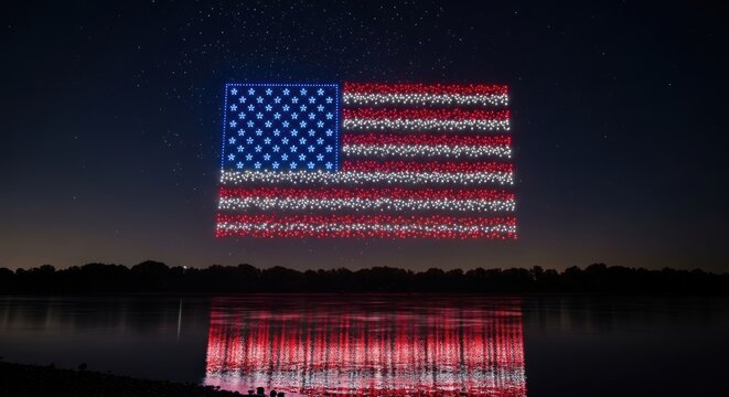 Spectacular drone show illuminating the night sky with the American flag over water - Powered by Adobe