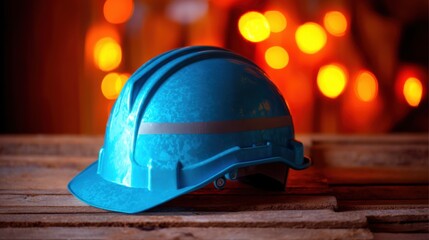 A durable hard hat with reflective stripe is shown in an industrial setting, surrounded by warm bokeh lights,