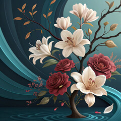 Photo of an elegant floral composition with white lilies and deep red roses on a dark, abstract background with flowing water elements and a stylized tree branch