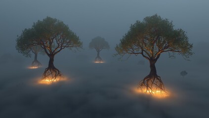 Enchanted Forest with Glowing Roots in Ethereal Fog