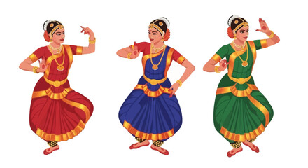 Set of three Indian classical dancers in vibrant red, blue, and green traditional costumes with gold jewelry.