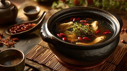 Delicious chinese herbal chicken soup recipe in a black pot with goji berries and herbs close up view