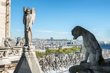 Gargoyle statue on Notre Dame de Paris cathedral in France before fire April 15, 2019. Paris, France