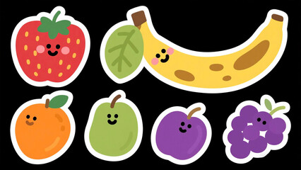 Collection of Cute Cartoon Fruit Stickers with Elements Like Strawberries and Bananas