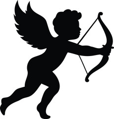 Fototapeta premium Black graphic illustration of a woman cupid with a bow and arrow silhouette