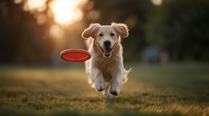 A happy Golden Retriever dog running and jumping to catch a red frisbee in a park