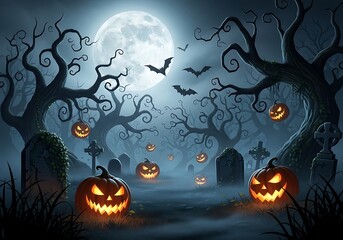 Fototapeta premium Spooky Halloween graveyard background with glowing jack o' lanterns, eerie cemetery under a full moon, haunted forest with bats and tombstones