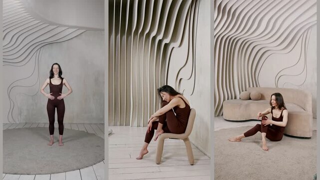 A girl shows how to pose while sitting. Posture, loose leg position and smooth arm lines help to create a relaxed and elegant look.