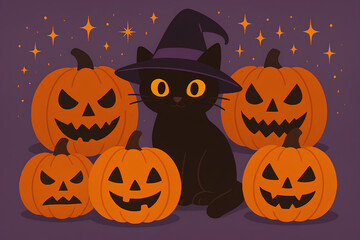 Cute black cat sitting with carved pumpkins for Halloween