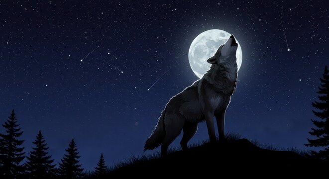 Wolf's Midnight Serenade: A lone wolf, bathed in the ethereal glow of the full moon, lifts its head in a haunting howl, evoking the untamed spirit of the wilderness.