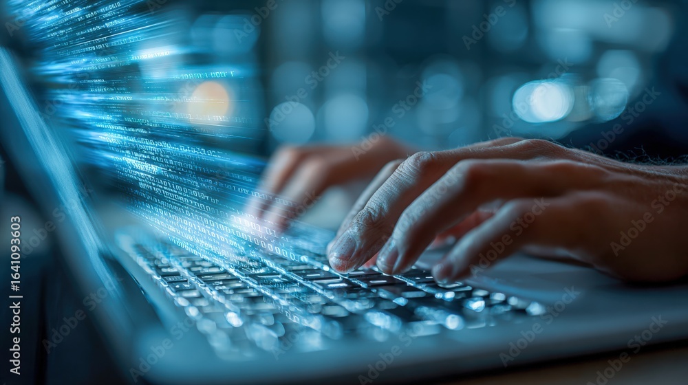 Poster hands typing on laptop with digital data stream overlay, representing modern technology