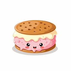 A Delightfully Cute Ice Cream Sandwich Character with a Happy Face, Featuring Creamy Strawberry Filling and Crunchy Cookie Shell, Perfect for Fun Illustrations