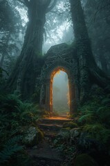 Mysterious ancient gateway overgrown with lush green moss and vines leading to a mystical glowing portal in a dense dark forest surrounded by large trees and fog