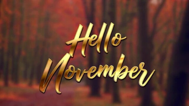 Hello October text inscription over blurred autumn forest background.Fall season greeting card concept,4K.