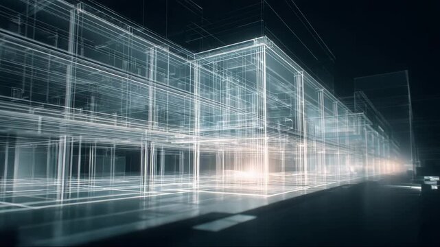 3D architectural wireframe design of urban building at night  