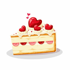 Delicious slice of cake topped with hearts and cream, perfect for celebrations and special occasions, showcasing vibrant colors and inviting textures.
