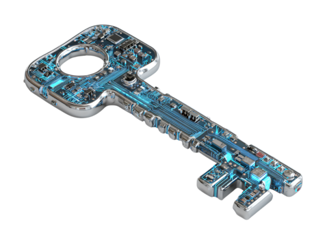 Futuristic digital key with circuit design isolated on transparent background - Powered by Adobe