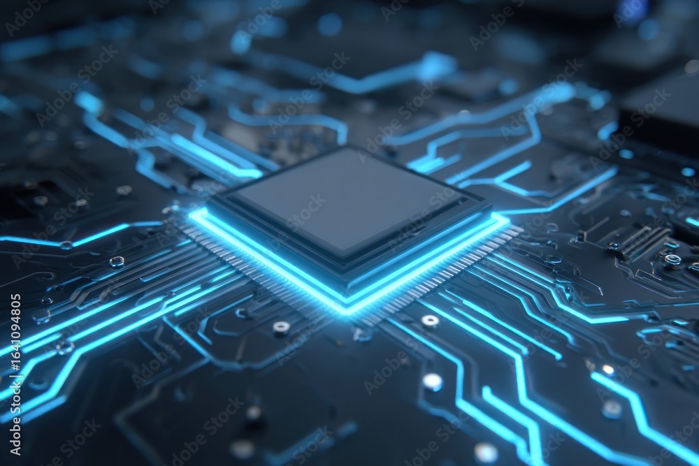 Poster close up of a glowing circuit board with central processor