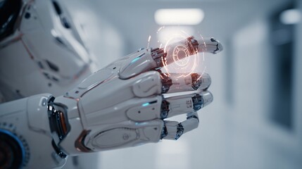 Futuristic close-up shot of an AI robot’s hand using a glowing holographic control in a clean minimalist environment.