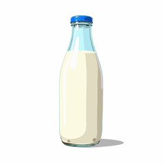 A Clear Glass Bottle of Fresh Milk with a Blue Cap Resting on a Plain White Background, Highlighting Its Creamy Texture and Nutritious Qualities