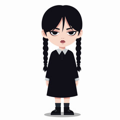 A cartoon illustration of a young girl with dark hair and a stern expression.