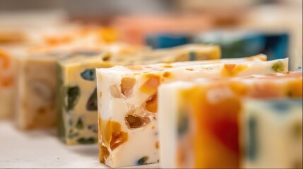 Close-up view of colorful handmade soap bars.