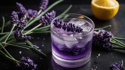 Refreshing lavender cocktail with lemon, ice, and botanical garnish. Generative AI