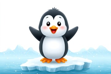 Cute cartoon penguin standing on ice floe raising wings