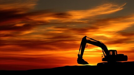 A silhouette of an excavator operates at sunrise or sunset, set against a dramatic sky with orange and yellow hues,