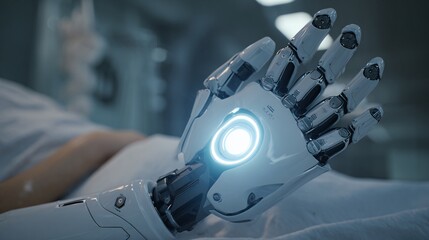 Close-up shot of a sleek white AI robot hand holding a glowing medical scanner near a patient’s arm.