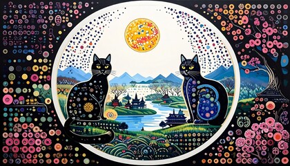 abstract background with cats on moon and landscape