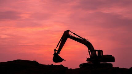 Silhouette of an excavator at sunset with vibrant pink and orange sky, arm extended over dirt mound,