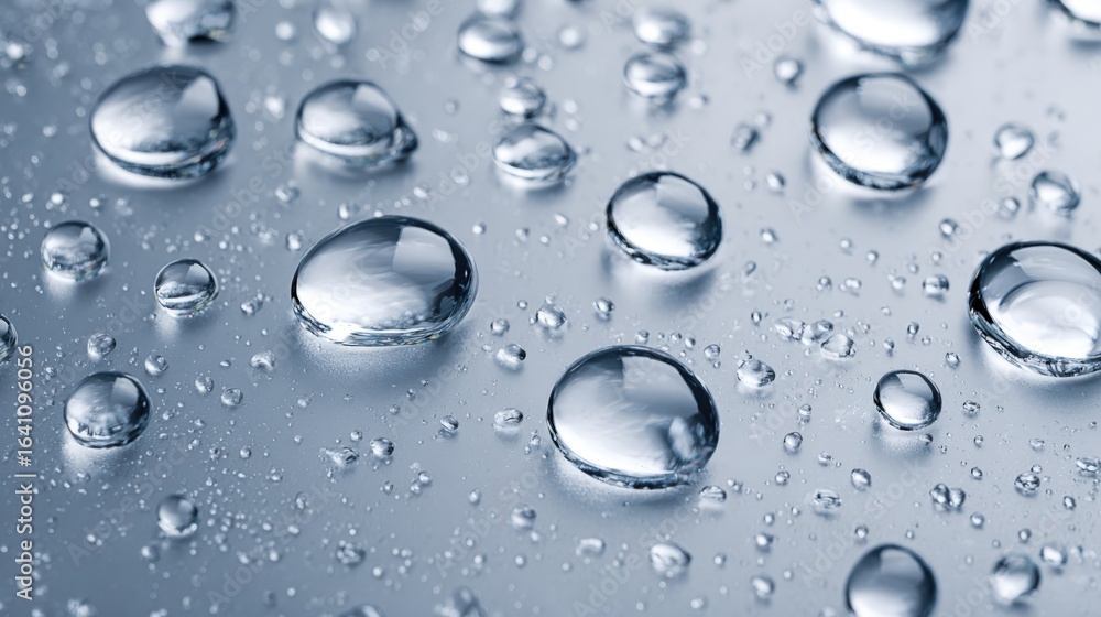 Poster close-up of water droplets on a silver surface, reflecting light and creating a refreshing texture