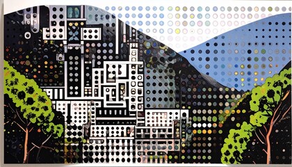 bstract colorful skyline city dot art background