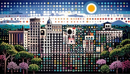 city ​​layered paper style futuristic pearlescent illustration city landscape , metal dot art