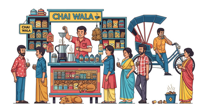 Vibrant Indian Chai Stall Scene with Diverse Patrons and Rickshaw